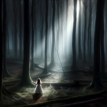 A little girl stands in a beam of light in a dark forest, symbolic image mystical, alone, afraid,