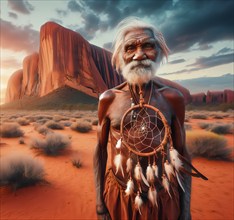 An old Aboriginal man in the desert in front of Ayers Rock, Uluru, portrait, AI generated, AI