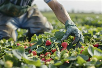 Man harvesting strawberry fruits in agricultural field. KI generiert, generiert AI generated