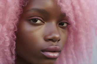 Face of black african american woman with unusual pink hair. KI generiert, generiert, AI generated