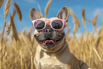 Cute and happy French Bulldog dog wearing pink sunglasses in summer in front of grain field and