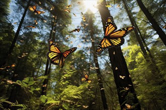 Big group of stylized yellow monarch butterflies flying in a natural forest environment, AI