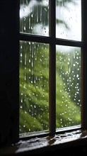 AI generated raindrops tracing paths down a large window with green forest in background out of