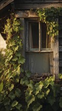 AI generated close up of a rustic vineyard cottage nestled amidst lush summer colored vine leaves