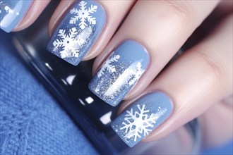 Woman's fingernails with blue winter snowflake design. AI generated