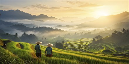 Early morning light bathes Philippines rice terraces cascading down mountain slopes, AI generated