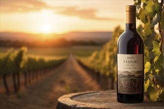 Aged bottle of wine glowing under the low sun with a vineyard in the background, AI generated