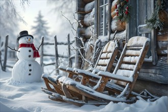 Rustic wooden sleds with frost covered branches and a snowman in the background, AI generated