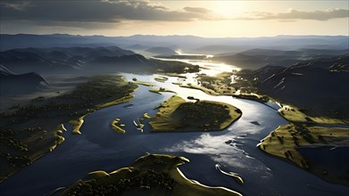 Aerial view of a meandering river winding through a nordic landscape, AI generated