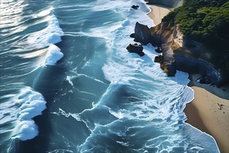 Aerial view of massive blue ocean wave to crash on a sandy beach, AI generated