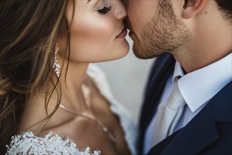 Close up of young couple in love kissing on wedding day. Generative Ai, AI generated