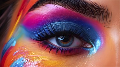 Close up of eye featuring vibrant colored eyelids with intense eye shadow, AI generated