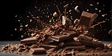 Milk chocolate bar exploding into fragments against a dark backdrop, AI generated