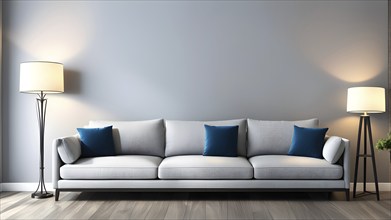 3d rendering of a couch with cushions and a floor lamp, AI generated