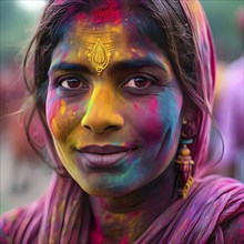 Indian woman colored face portrait during Holi Hindu festival, AI generated