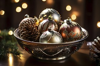 Christmas tree ornaments in a bowl, featuring a mix of glass baubles, pine cones, and fairy lights,