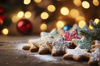 A detailed shot of Christmas cookies on a wooden table, featuring star-shaped cookies with colorful