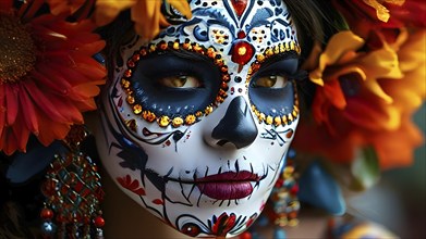 Woman in an extravagant dia de los muertos costume and a vibrant face makeup, AI generated