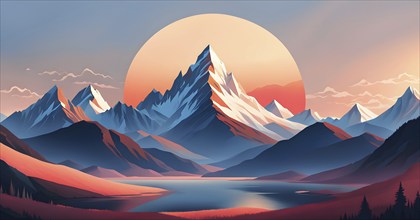 Minimalist landscape with stylized mountains and a setting sun, represented by simple geometric