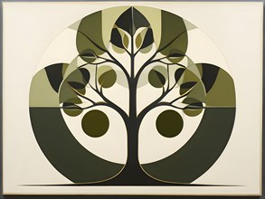 Abstract geometric tree with a circular canopy and a rectangular trunk, arranged in a clean,