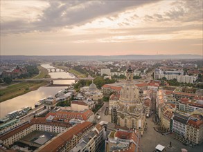 Aerial view in front of sunrise, Old Town with sights, Church of Our Lady, Brühl's Terrace,