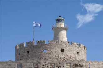 Agios Nikolaos Fortress with Lighthouse, Mandraki Harbour, Rhodes Town, Rhodes, Greece, Europe