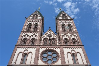 The twin towers of the Herz-Jesu church in the Stühlinger district, Freiburg im Breisgau,