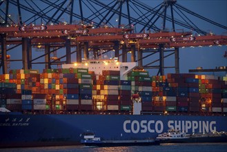 Container ship of the shipping company Cosco Shipping, CSCL SATURN, being loaded and unloaded,