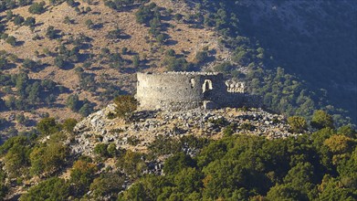 A medieval castle ruin on a hill surrounded by a wooded mountainous area, Askifou Plateau, Lefka