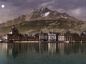 Railway station and Pilatus in the moonlight, Lucerne, Switzerland, Historical, digitally restored