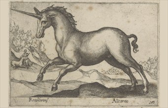 Mythical creature, unicorn, drawing by Antonio Tempesta (1555, 1630), Italy, Historical, digitally