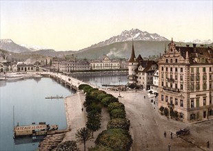 Neue Bruecke and Pilatus, Lucerne, Switzerland, Historic, digitally restored reproduction from a