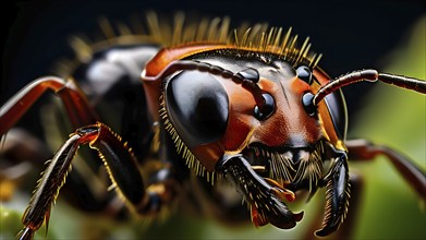 Extreme close-up of a red ant (Formica rufa), focusing on its sharp mandibles, textured