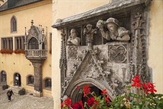 Façade with oriel of the Old Town Hall, 16th century, on the right part of the old staircase portal