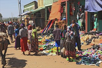 South Ethiopia, market in Jinka, market day, trade with plastic sandals, plastic shoes, market