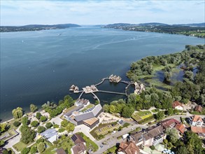 Aerial view of the pile dwellings, Lake Dwelling Museum, Open Air Museum Unteruhldingen,