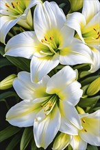 Blooming Easter lilies with soft white petals and a yellow center, bathed in gentle sunlight, AI