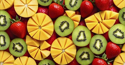 Colorful and artfully arranged slices of fruits like mangoes, strawberries, and kiwi, AI generated