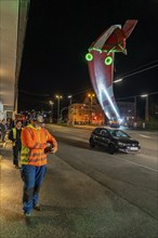 Transport of a 68 metre long, 22 tonne blade of a wind turbine, here in Schwelm, with a