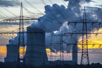 Lignite-fired power plant, RWE Power AG Niederaussem power plant, sunset, Bergheim, North