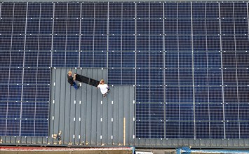 Installation of solar modules on the roof of a barn on a farm, over 210 photovoltaic modules are