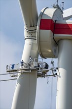 Maintenance work, repairs to a rotor of an Enercon wind turbine, in a wind farm east of Bad