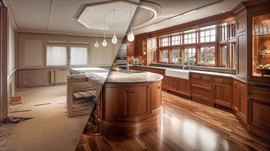 Luxurious custom kitchen upgrade interior before and after construction, generative AI, AI