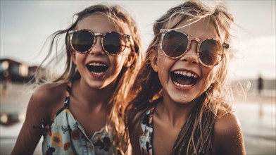 Two young girlfriends posing wearing sunglasses having fun on the beach, generatvie AI, AI