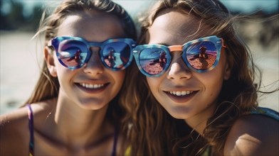 Two young girlfriends posing wearing sunglasses having fun on the beach, generatvie AI, AI