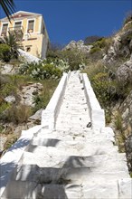 Steep staircase in Symi, Symi Island, Dodecanese, Greek Islands, Greece, Europe