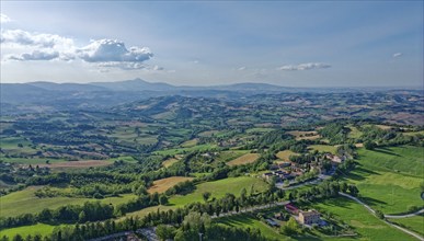 Aerial view of the landscape near San Ginesio and Paterno in the Marche region with the mountains