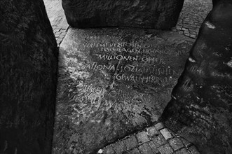 Memorial to the Victims of National Socialism, inscription, black and white, Landesmuseum