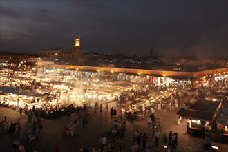 Restaurants in the evening on the Djemaa el Fna square in Marrakech, Morocco, Africa