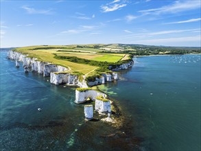 White Cliffs of Old Harry Rocks Jurassic Coast from a drone, Dorset Coast, Poole, England, United